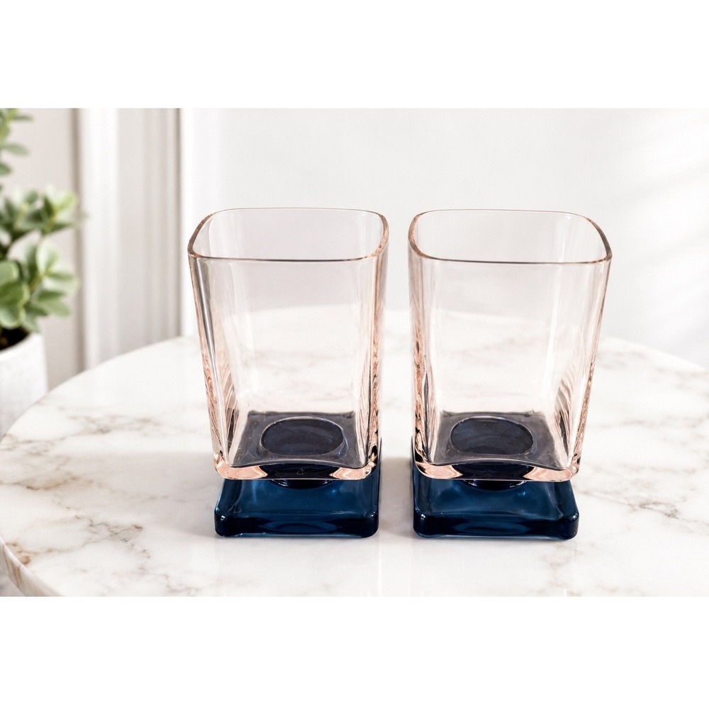 Vintage Pink Glass Tumblers Cobalt Blue Square Base Rocks Glasses Art Deco 4"